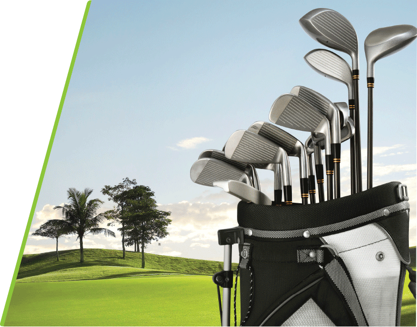 Golf clubs with bag on a sunny golf course